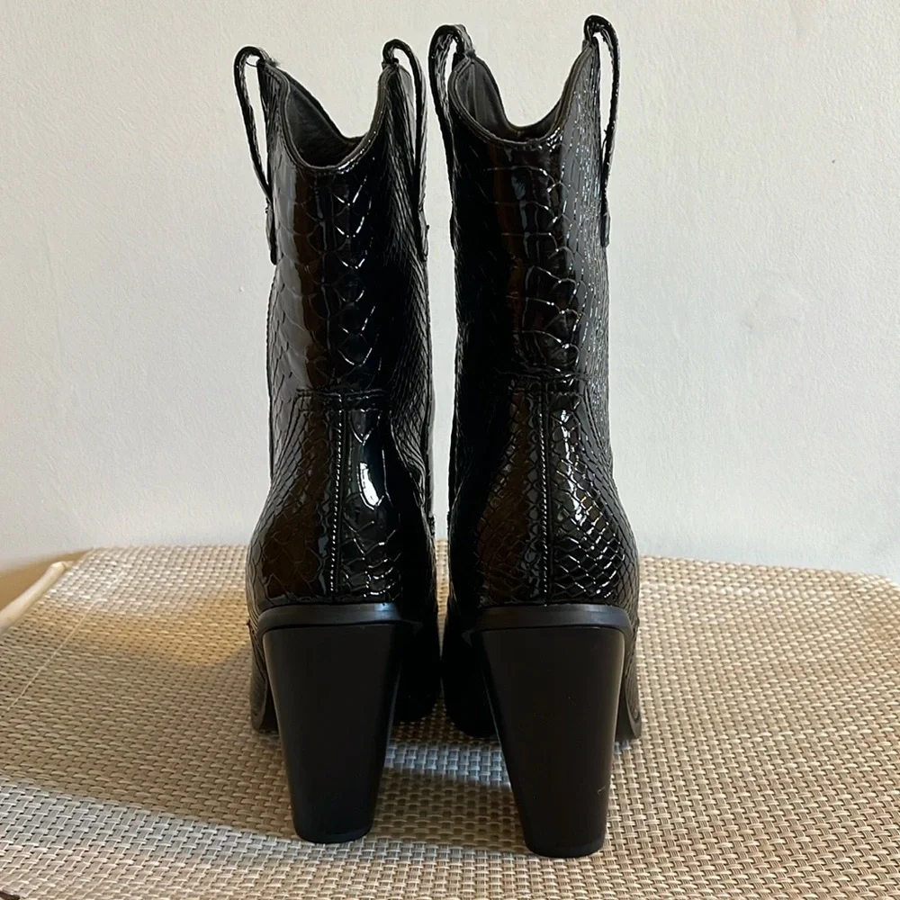 Snakeskin Patent Leather Cowgirl Western Biker Calf Height Cowboy Boots - 7.5/38 - Picture 5 of 12